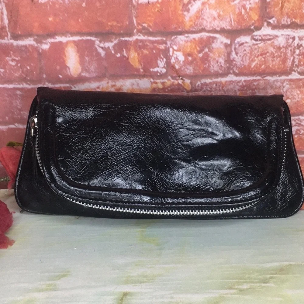 Vintage Black Leather Fold over Zippered Clutch